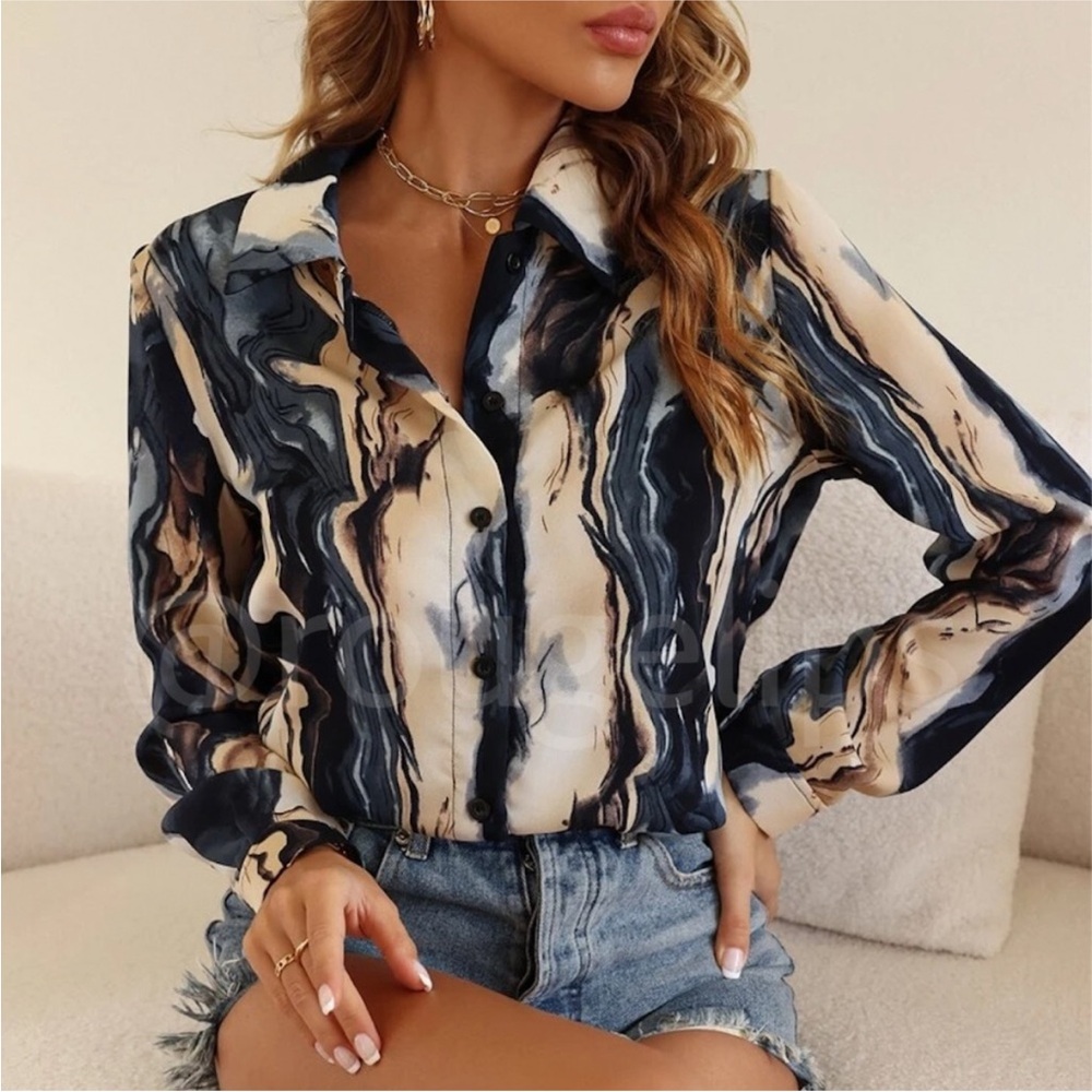NWT Marble Print Button Down Collared Long Sleeve Shirt Top Blue Beige🌊